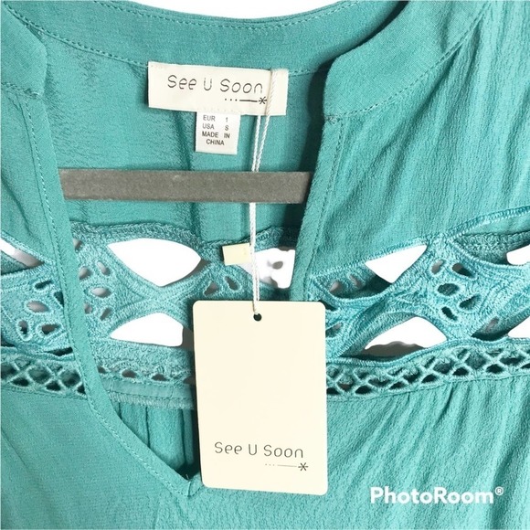 See U Soon Teal BoHo peasant high low cut out midi dress size S NWT - Picture 5 of 5